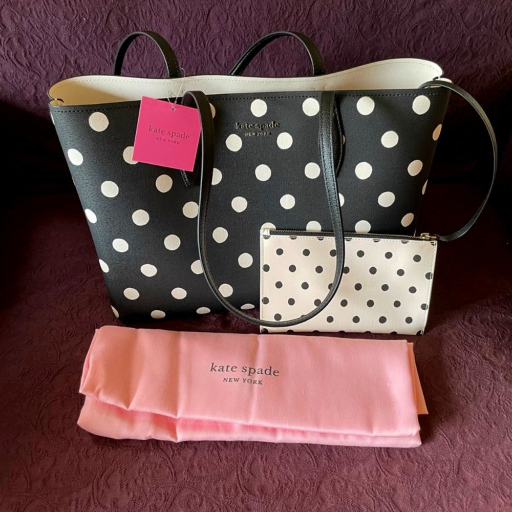 Kate Spade All Day Sunshine Dot Large Tote - Black with big white polka dots